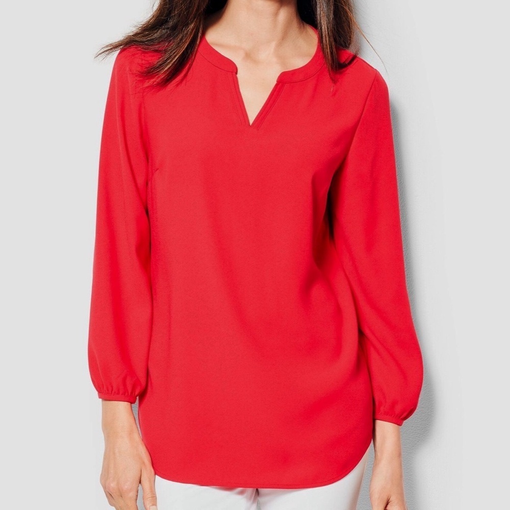 Talbots Red Latern Bubble Sleeve Neck Blouse Size XL Curved Hem